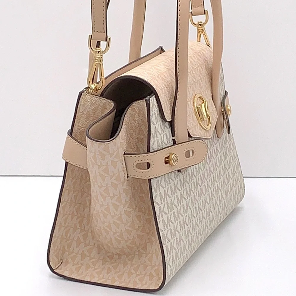 MICHAEL KORS Carmen Medium Color-Block Logo Satchel color Buff Multi
